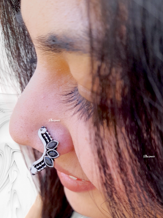 Black Stones Silver Design Oxidised Non-Pierced Nose Pin