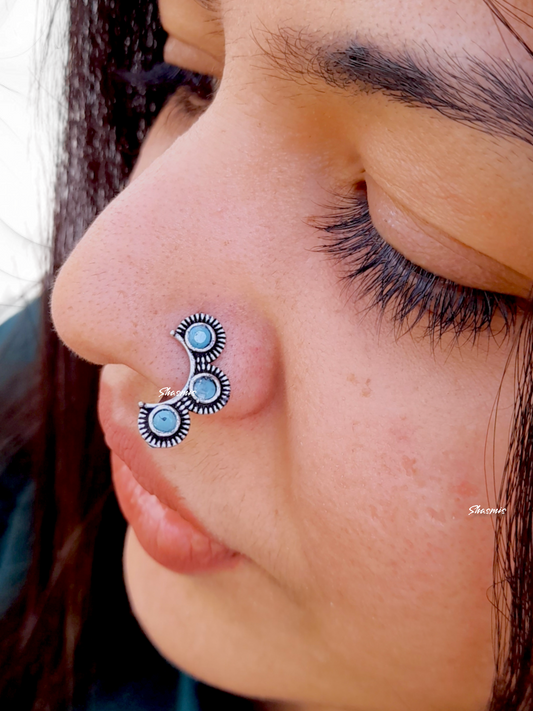 Blue Stones Silver Oxidised Nosepin