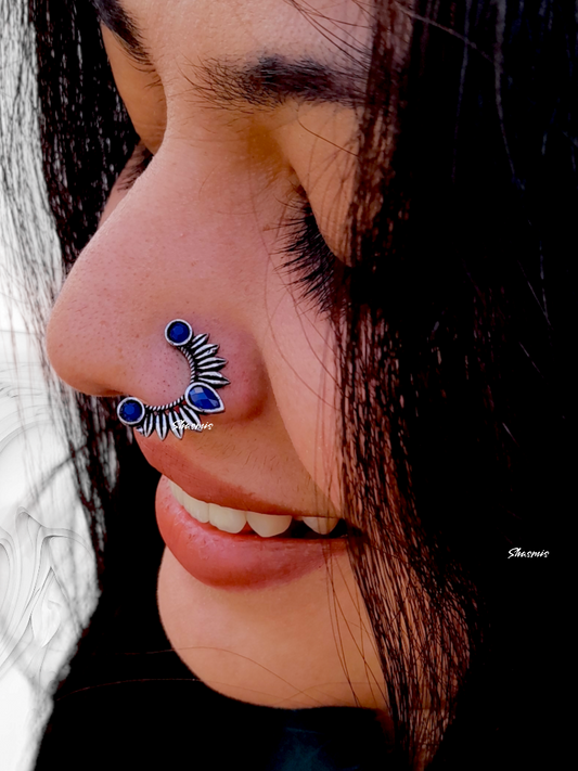 Blue Stones Silver Design Oxidised Nosepin