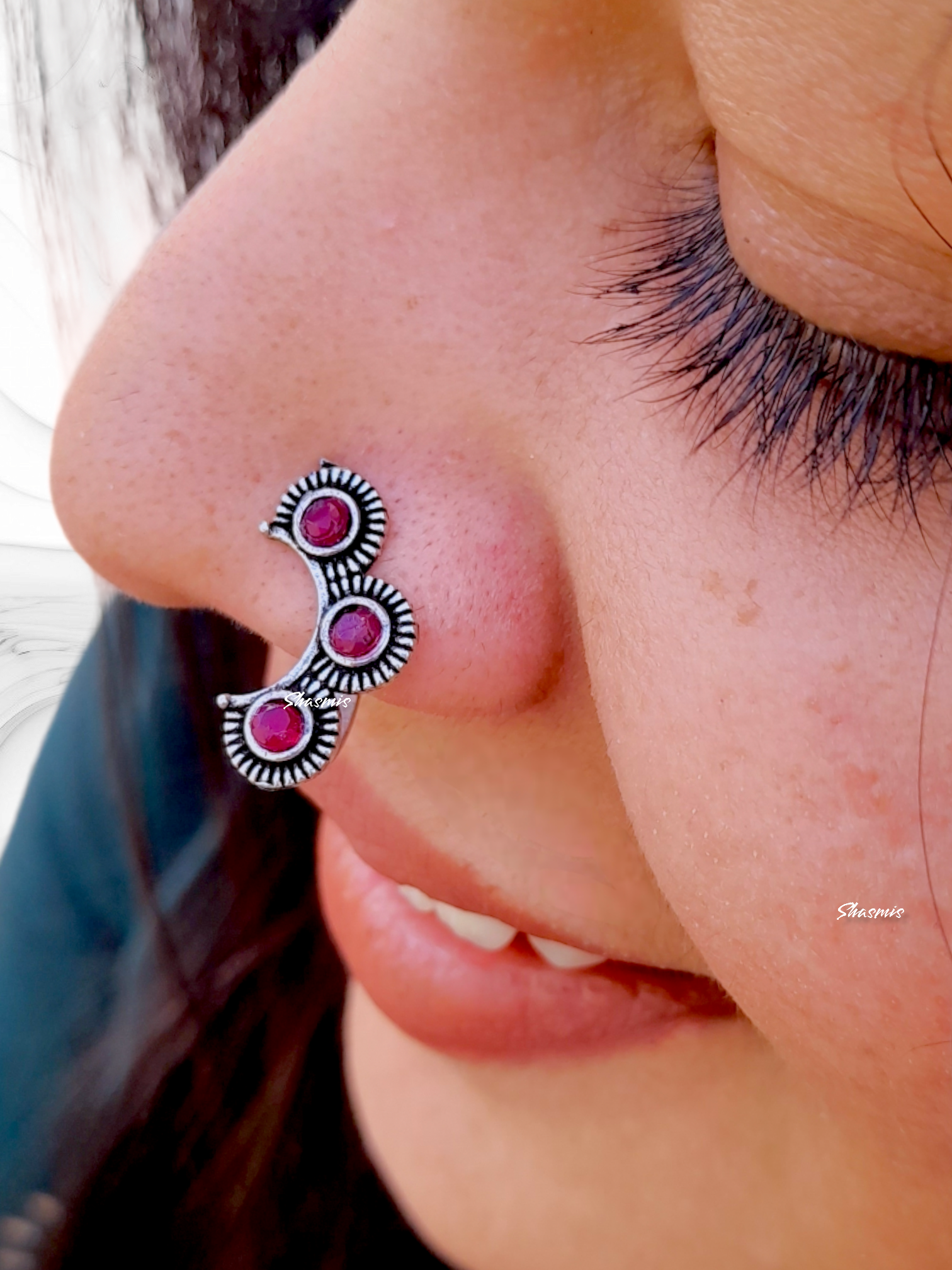 Magenta Stone Silver Oxidised Nosepin