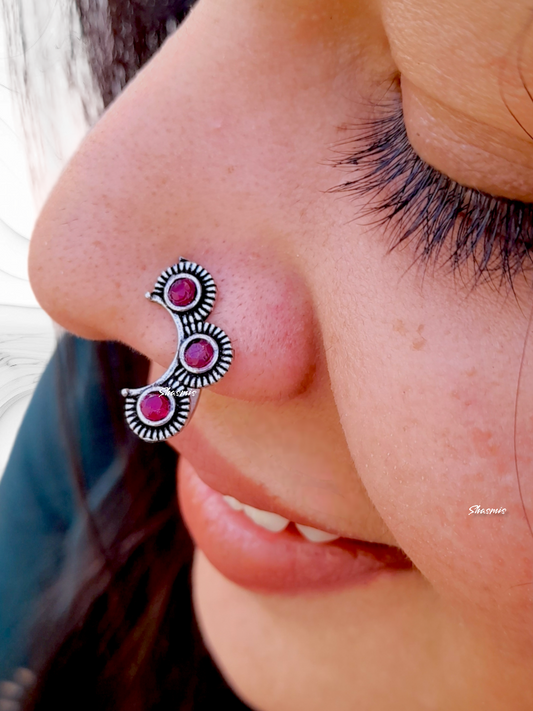 Magenta Stone Silver Oxidised Nosepin