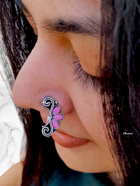 Baby Pink Stone Design Silver Nosepin