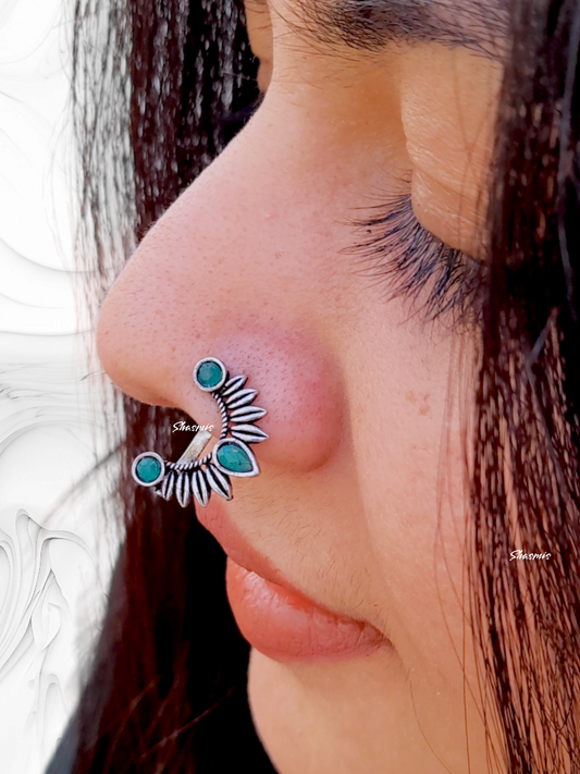 Turquoise Color Stone Silver Oxidised Nosepin