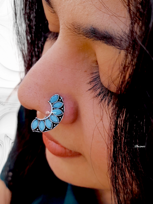 Sea Blue Color Silver Oxidised Non-Pierced Nose Pin