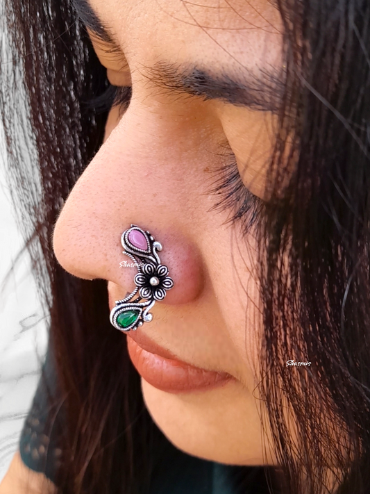 Pink and Green Stone Silver Oxidised Nosepin