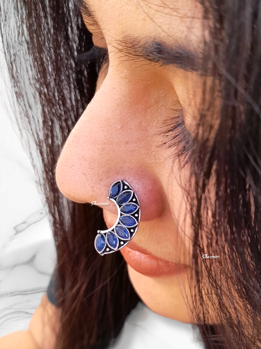 Blue Stone Silver Oxidised Nosepin