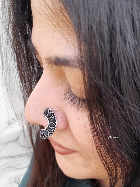 Black Stones Silver Oxidised Design Non-Pierced Nose Pin