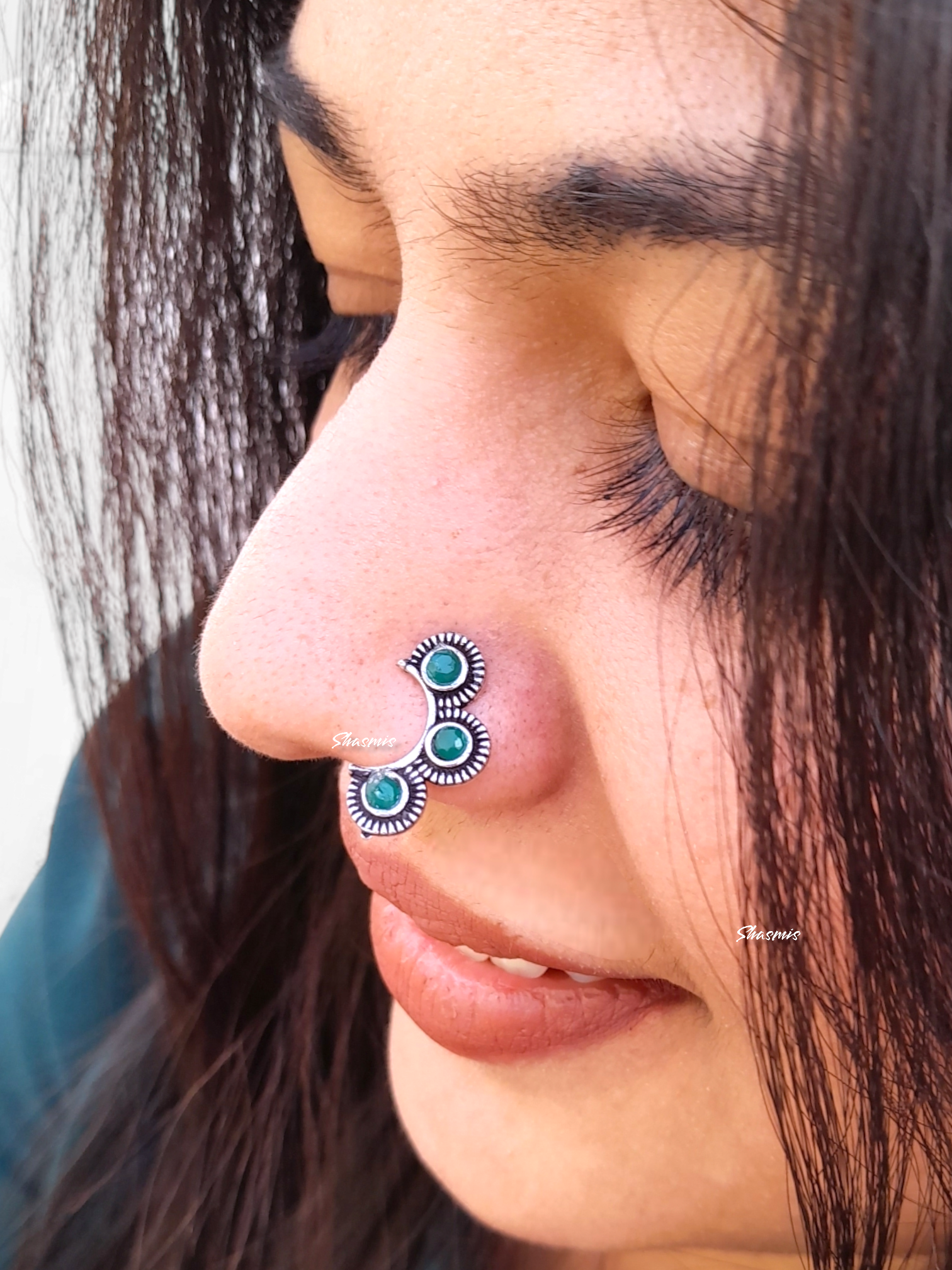 Green Stone Silver Oxidised Nosepin