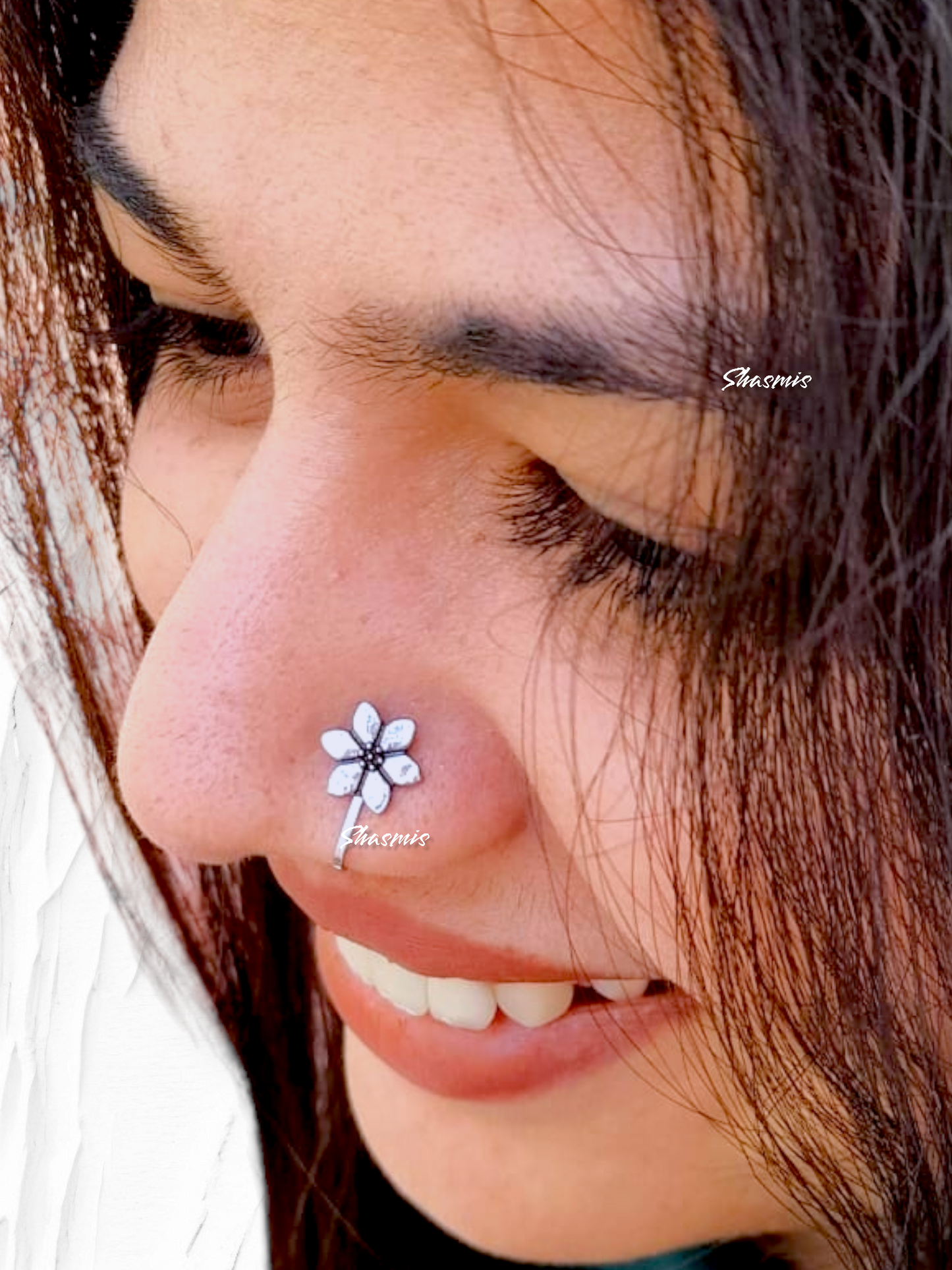 Silver Flower Oxidised Nose Pin