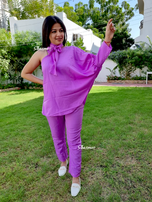 Beautiful Purple Color One side Shoulder Top With Bow On Neck Dress