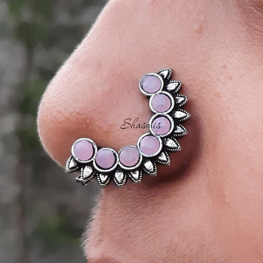 Pink Stone Silver Oxidised Nosepins
