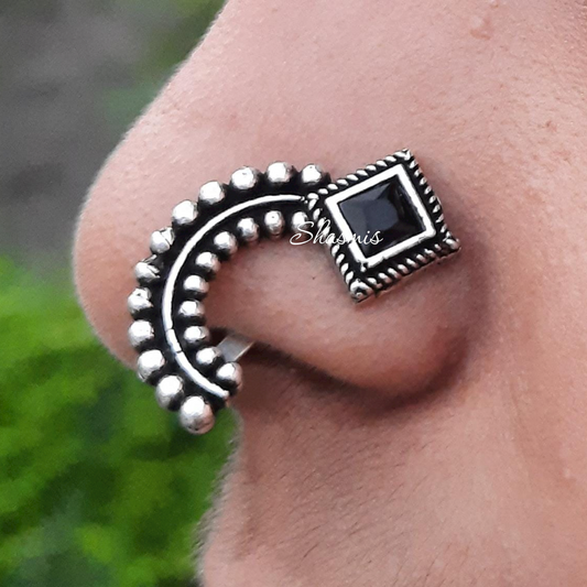 Square Design Black Stone Silver Oxidised Nosepin