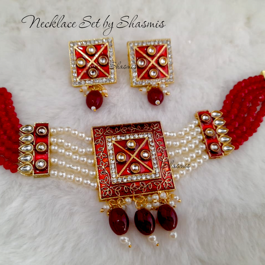 Red Color Necklace With Pearl White Beads