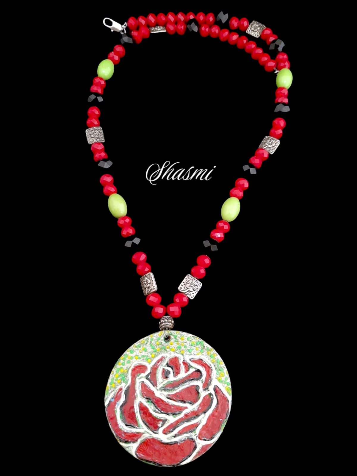 Red Beads Rose Design Boho Necklace