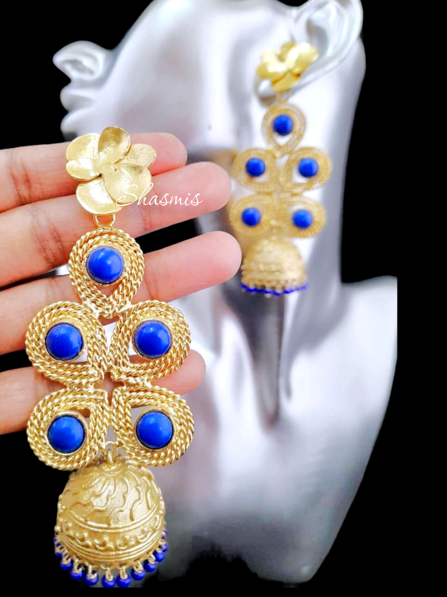 Blue Stones Long Drop Gold Plated Earrings