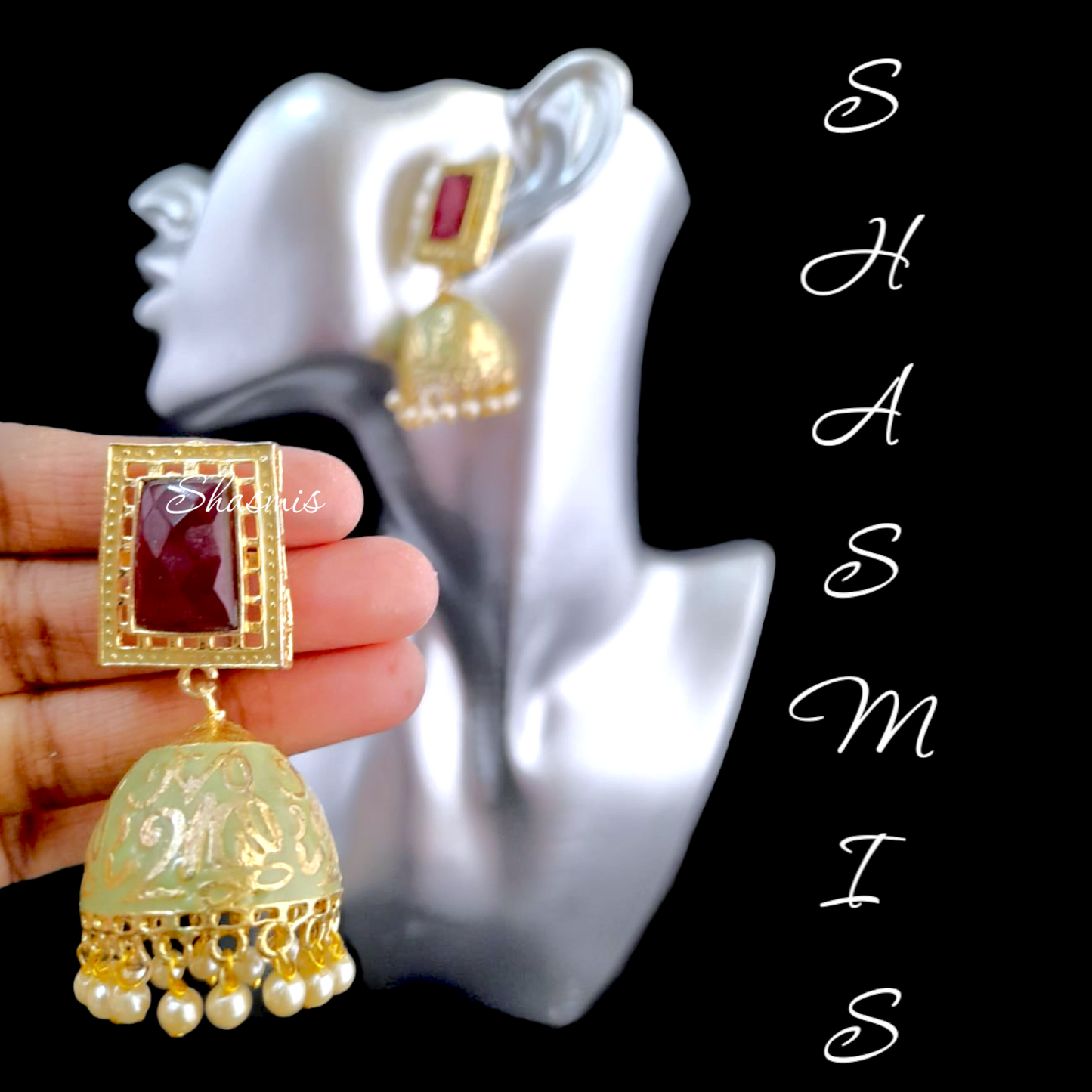 Brown Stone, Mint Green Gold Plated Jhumka Earrings