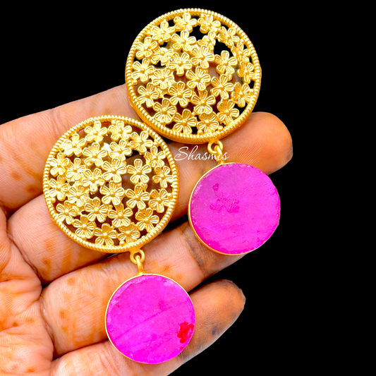 Magenta Druzy Stone with Golden Flowers Earrings