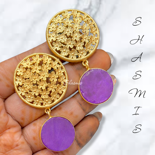 Violet Druzy Stone with Golden Flowers Earrings