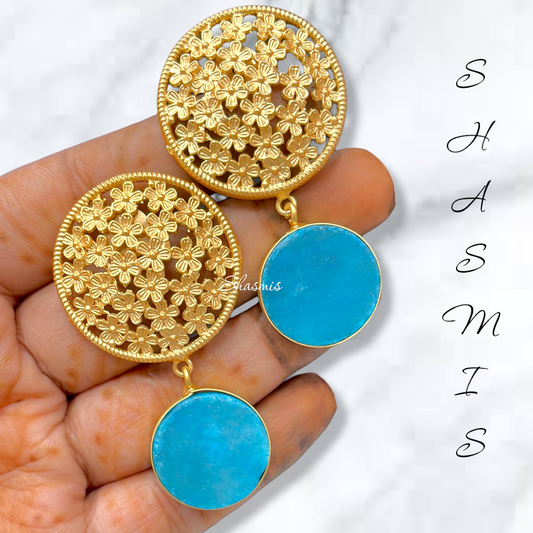 Blue Druzy Stone with Golden Flower Earrings