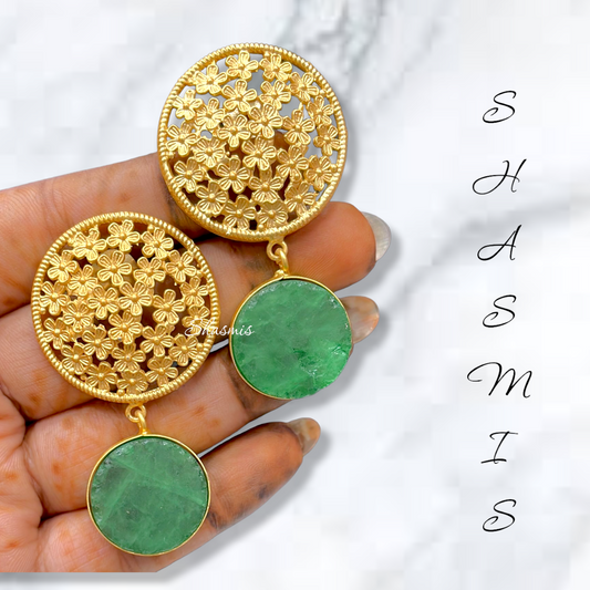 Green Druzy Stone Flower Earrings