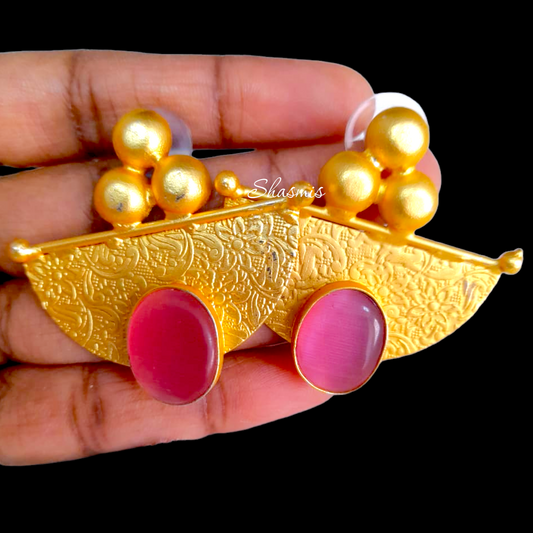 Pink Stone With Gold Plated Earrings