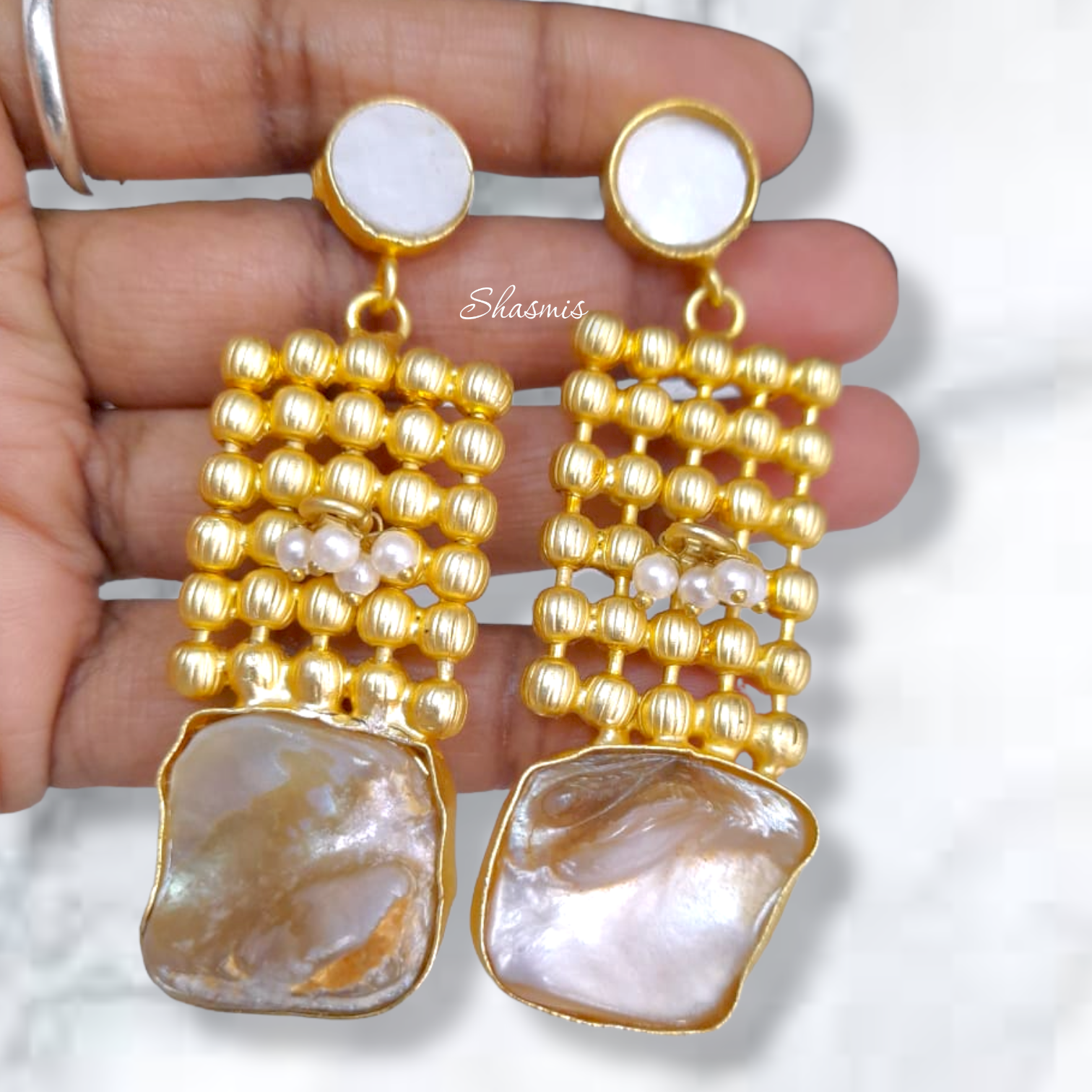 Mint Stone Studded Statement Earrings with hanging Pearls – StylishKudi