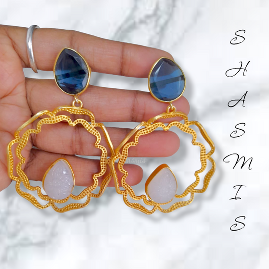 Navy Blue and White Stone Gold Plated Earrings