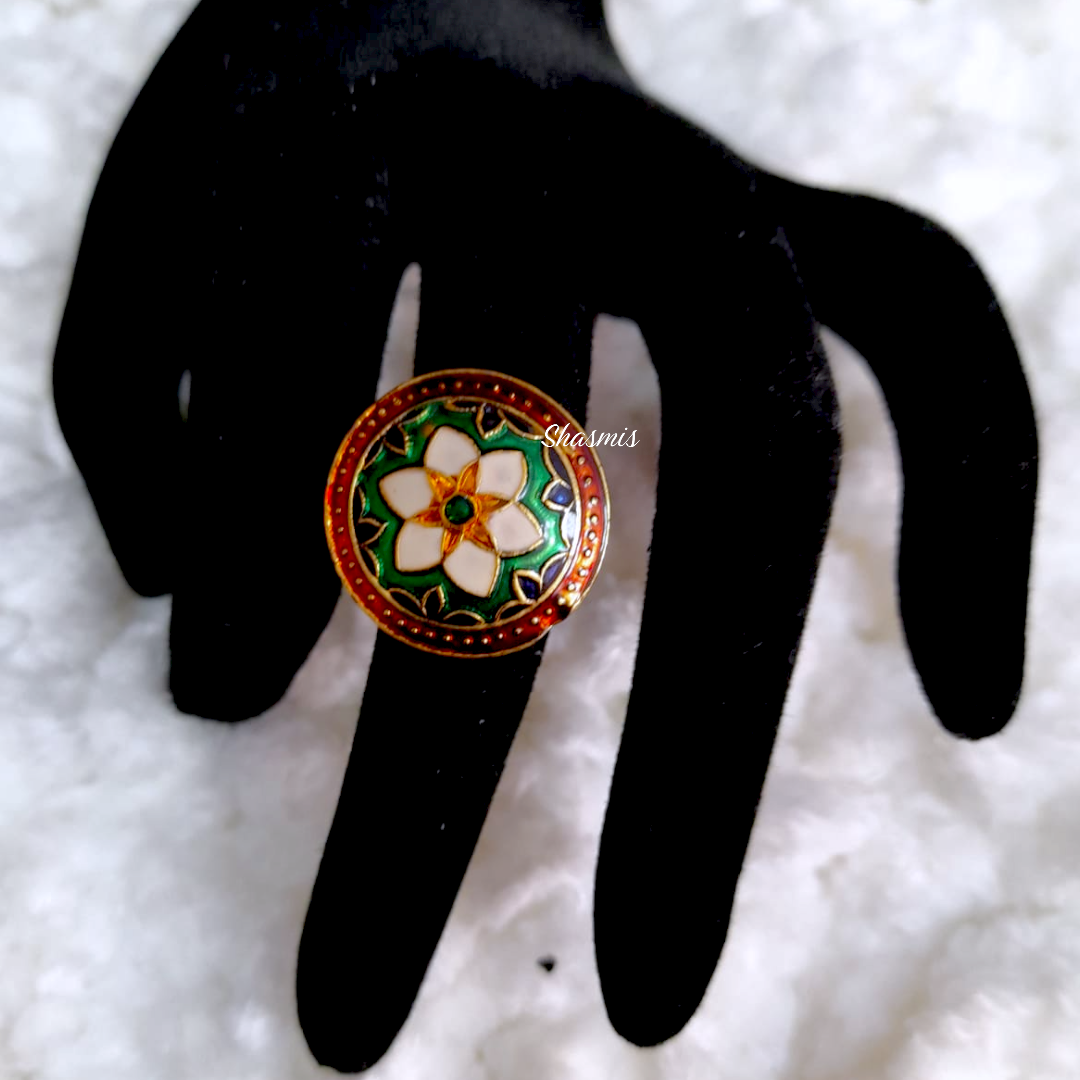 Green And White Flower Meenakari Rings