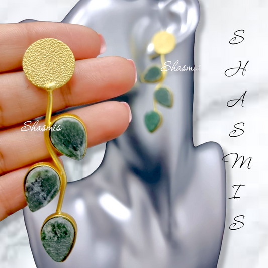 Sap Green Shade Leaf Design Druzy Stone Earrings