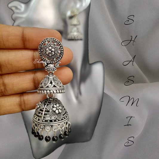 Black Design Silver Jhumka Earrings