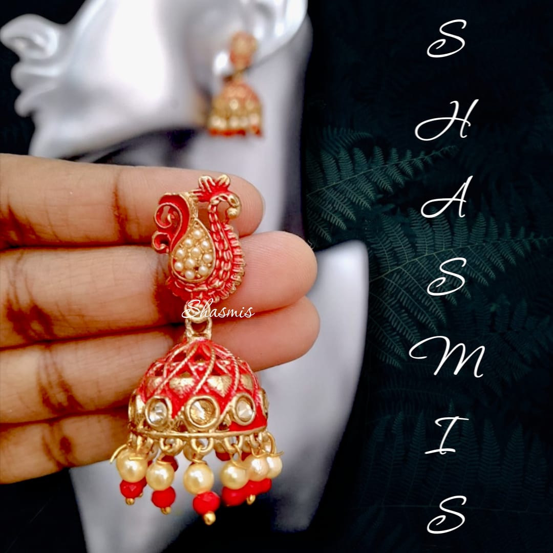 Red Matte Gold Plated Peacock Jhumka Earrings