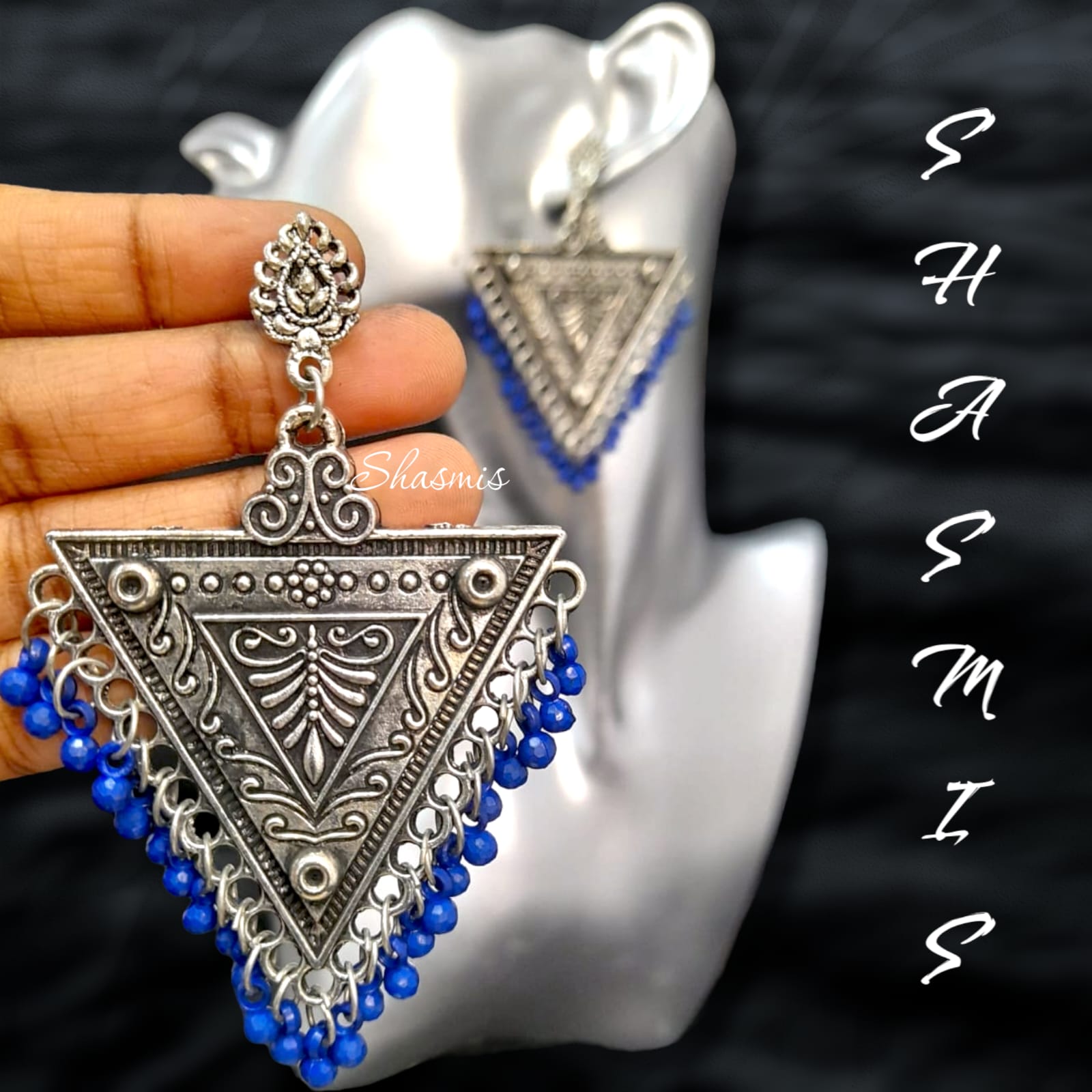 Triangle Oxidised Silver Ghungroo Earrings