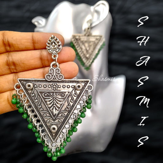 Triangle Oxidised Silver Ghungroo Earrings