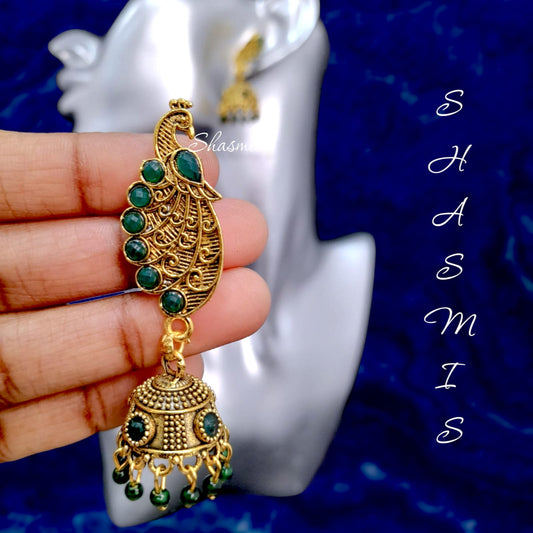 Peacock Feather Gold Jhumka Earrings