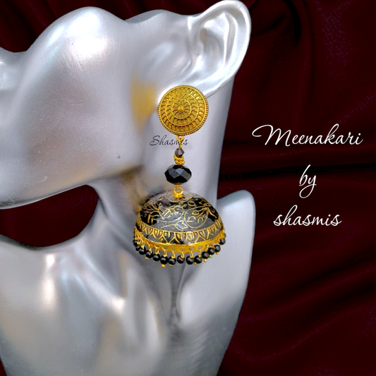 Black Bead Meenakari Jhumka Earrings