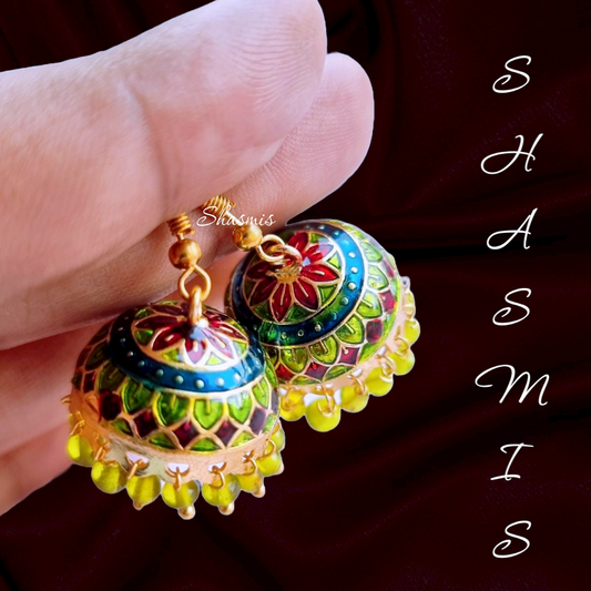 Slimy Green and Red Meenakari Jhumka Earrings