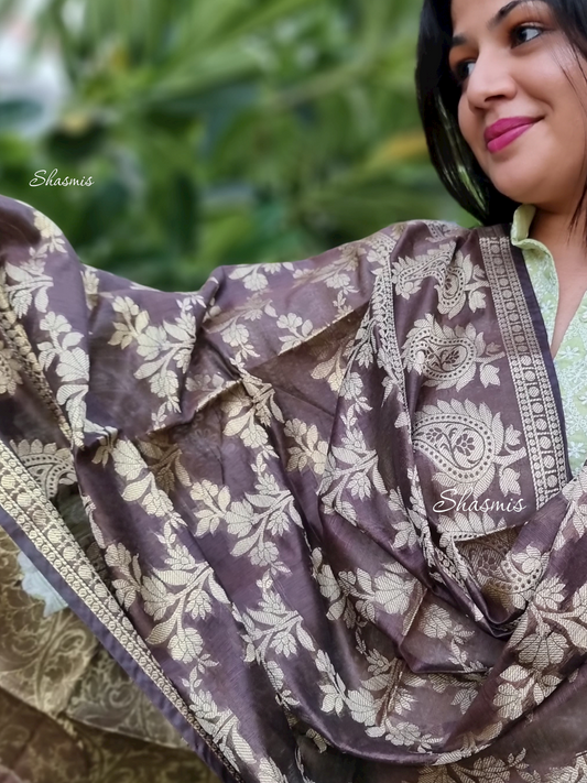 Brown Banarasi Dupatta with Golden Zari Weaving