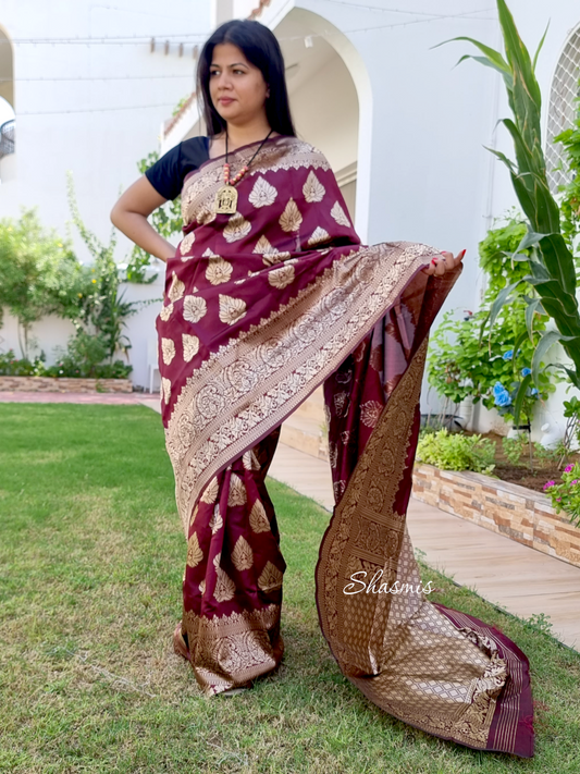 Wine Color Kanjeevaram Silk Blend Saree With Golden Zari Weaving Butas, Fine Quality