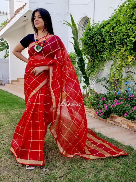 Red Color Kota Cotton Saree With Golden Zari