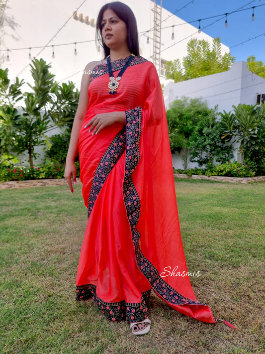Neon Pink Satin Silk Saree With Floral Lace