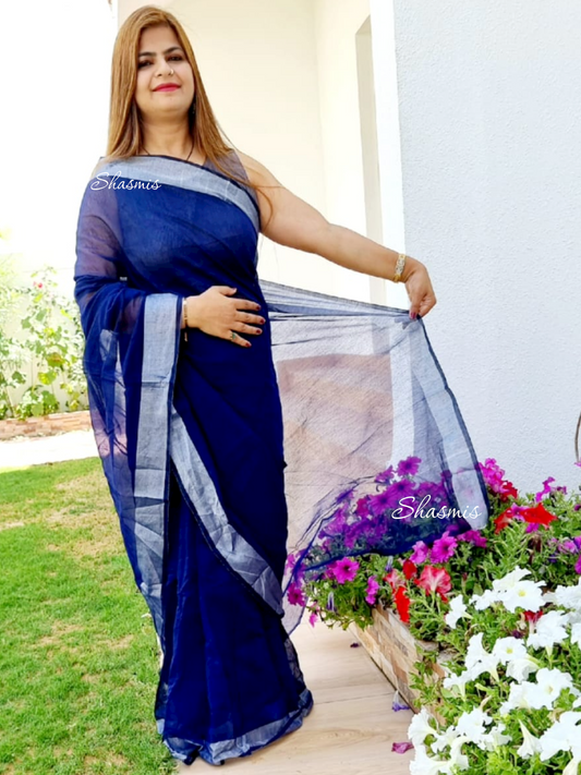 Blue and Silver Chanderi cotton Saree with silver zari work