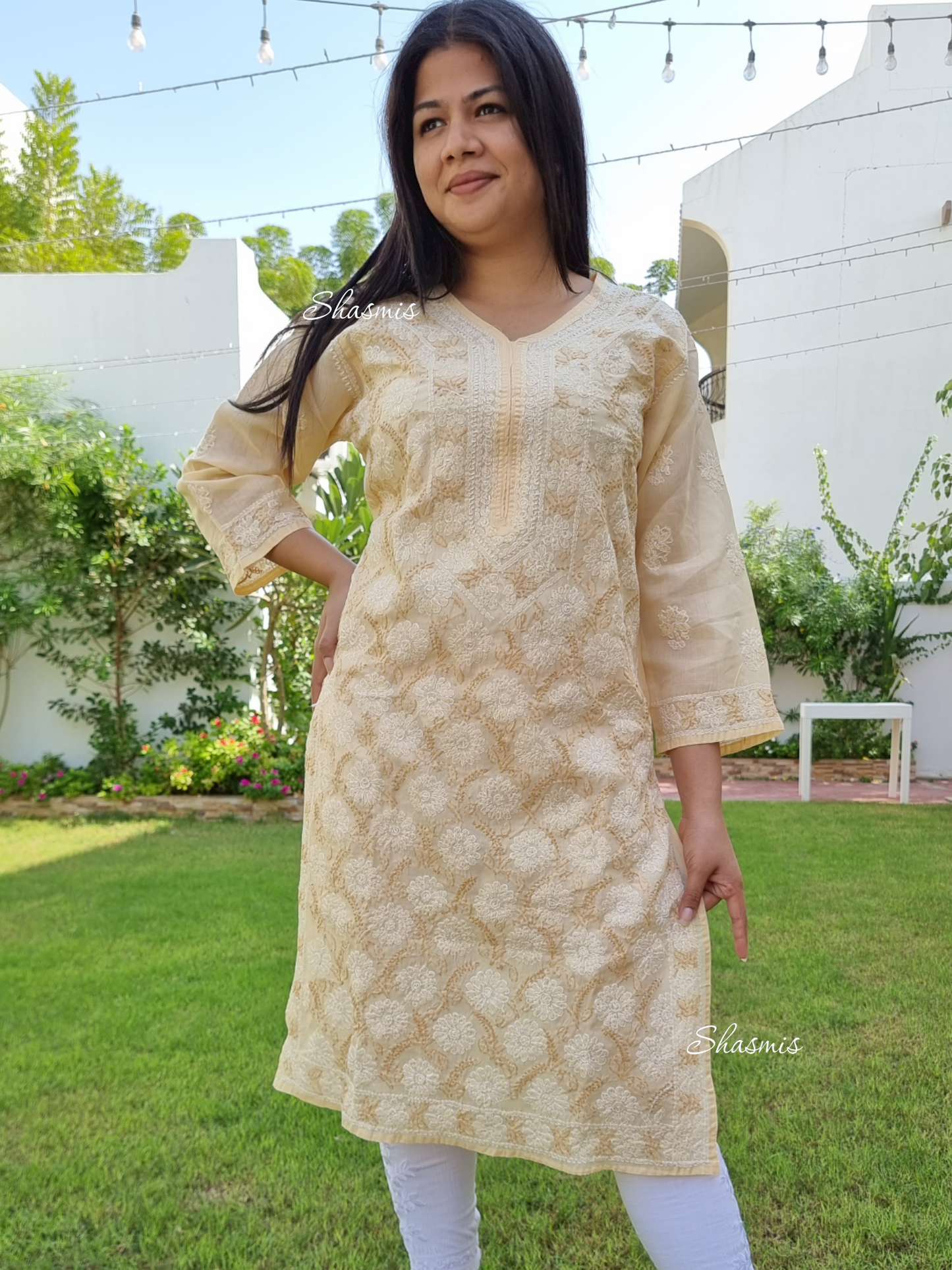 Beige Color Chikankari Kurti with Embroidery Work