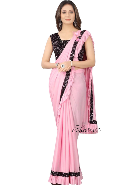Lycra Sarees With Ruffle On the Pallu and Black Sequence lace