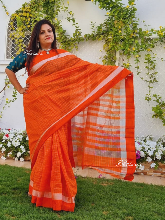 Orange Color Chanderi Cotton Saree With Zari