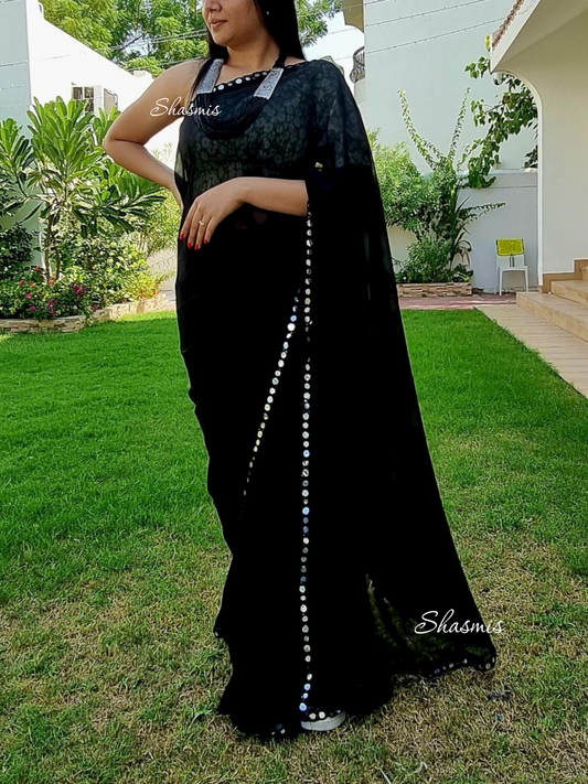 Black Color Georgette Saree With Foil Mirror On Lace