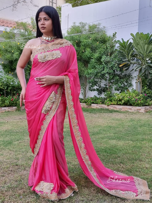 Pink Net Saree With Embroidery on Border