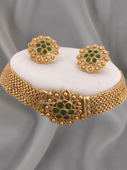 Golden Plating Green Stone Neck Choker With Earrings