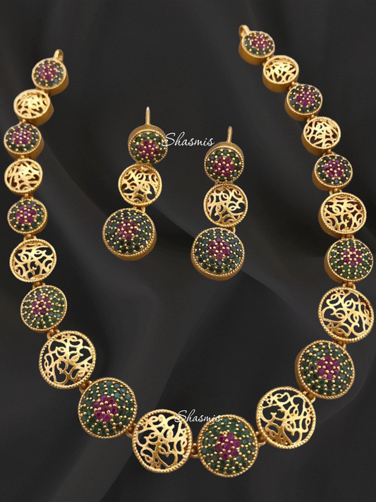 Gold Plating Ruby and Emerald Stones Necklace With Earrings