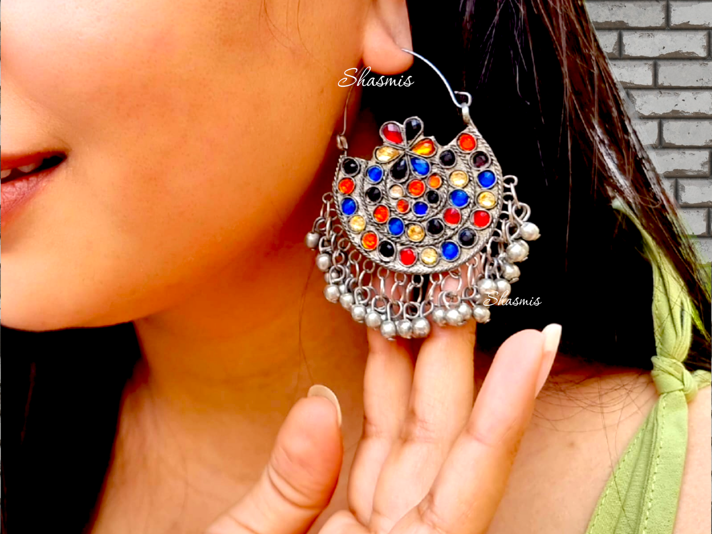 Color Stone Long Afghani Necklace With Earrings