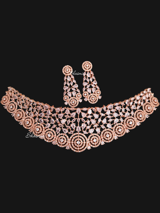 Rose Gold Polish American Diamond Necklace With Earrings